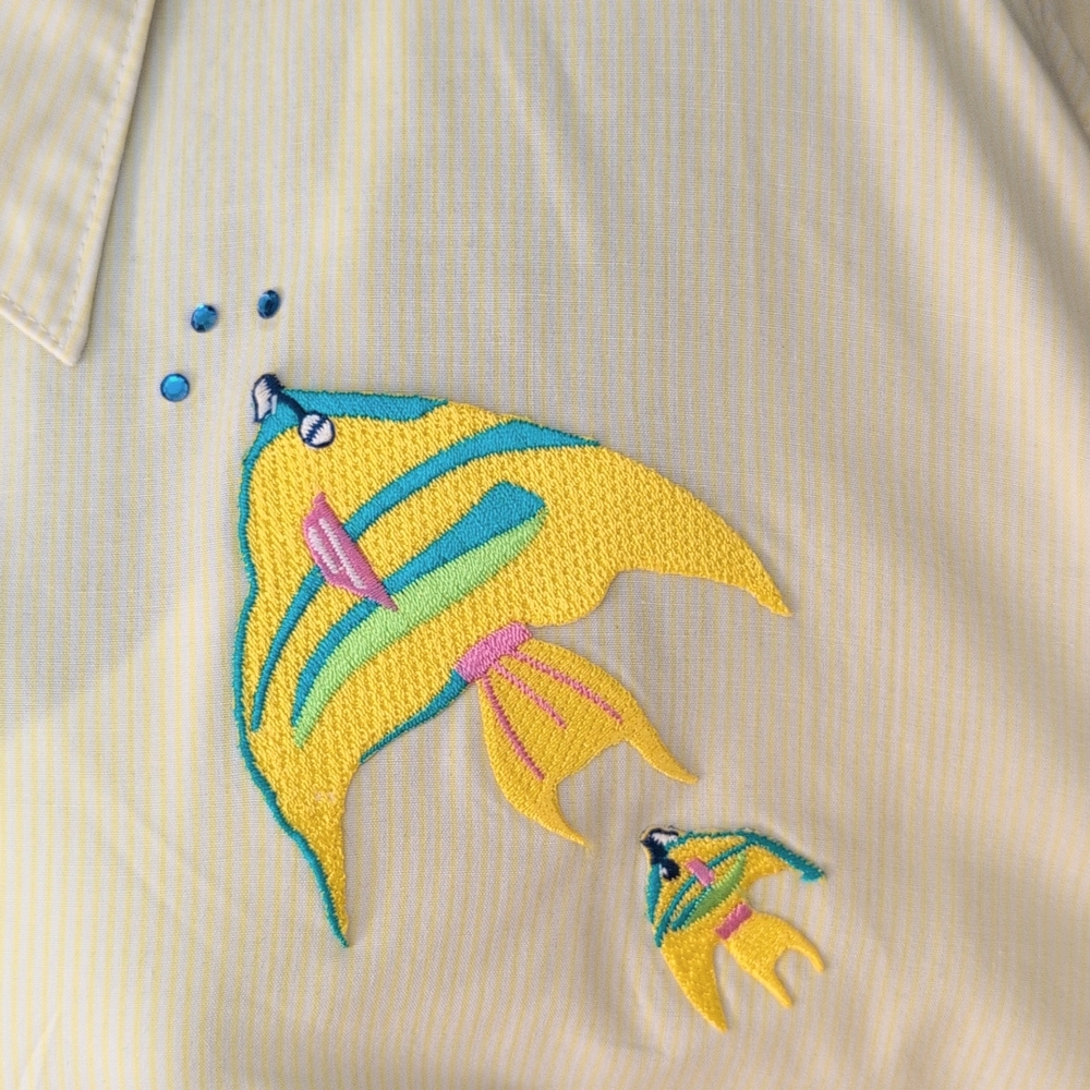 White and Butter Yellow Pinstriped Button-Up Shirt with Fish Embroidery - Picture 5 of 10